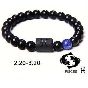 Pisces Zodiac Signs Charm Bracelet Natural 8mm Black Onyx Stone Beads